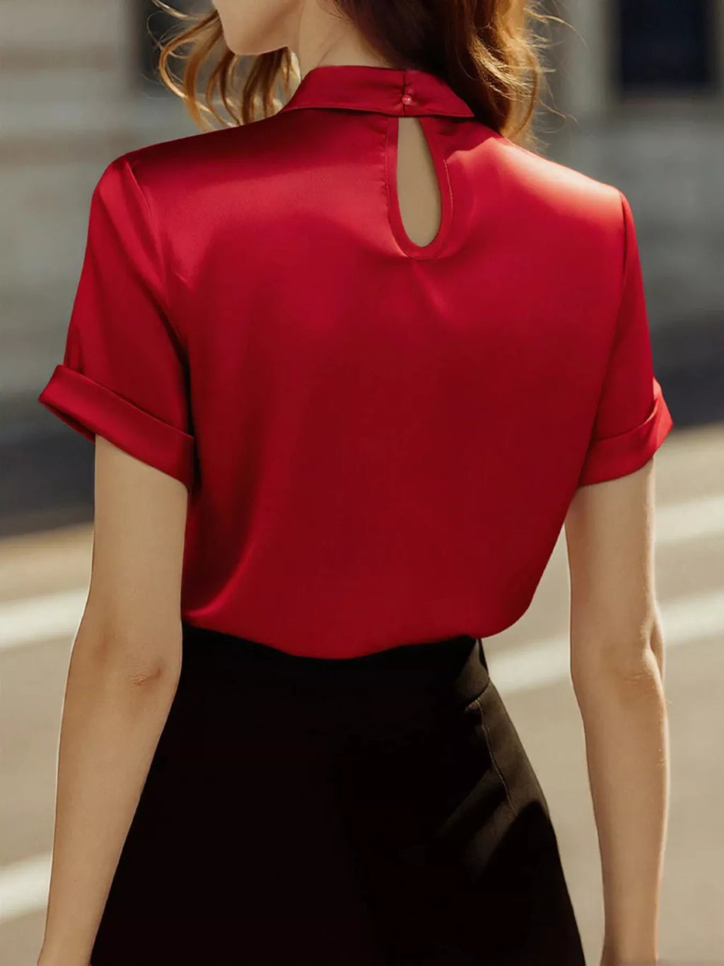 Keyhole Neck Satin Short Sleeve Blouse