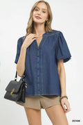 Umgee Denim Button Front Puff Sleeve Boho Blouse
