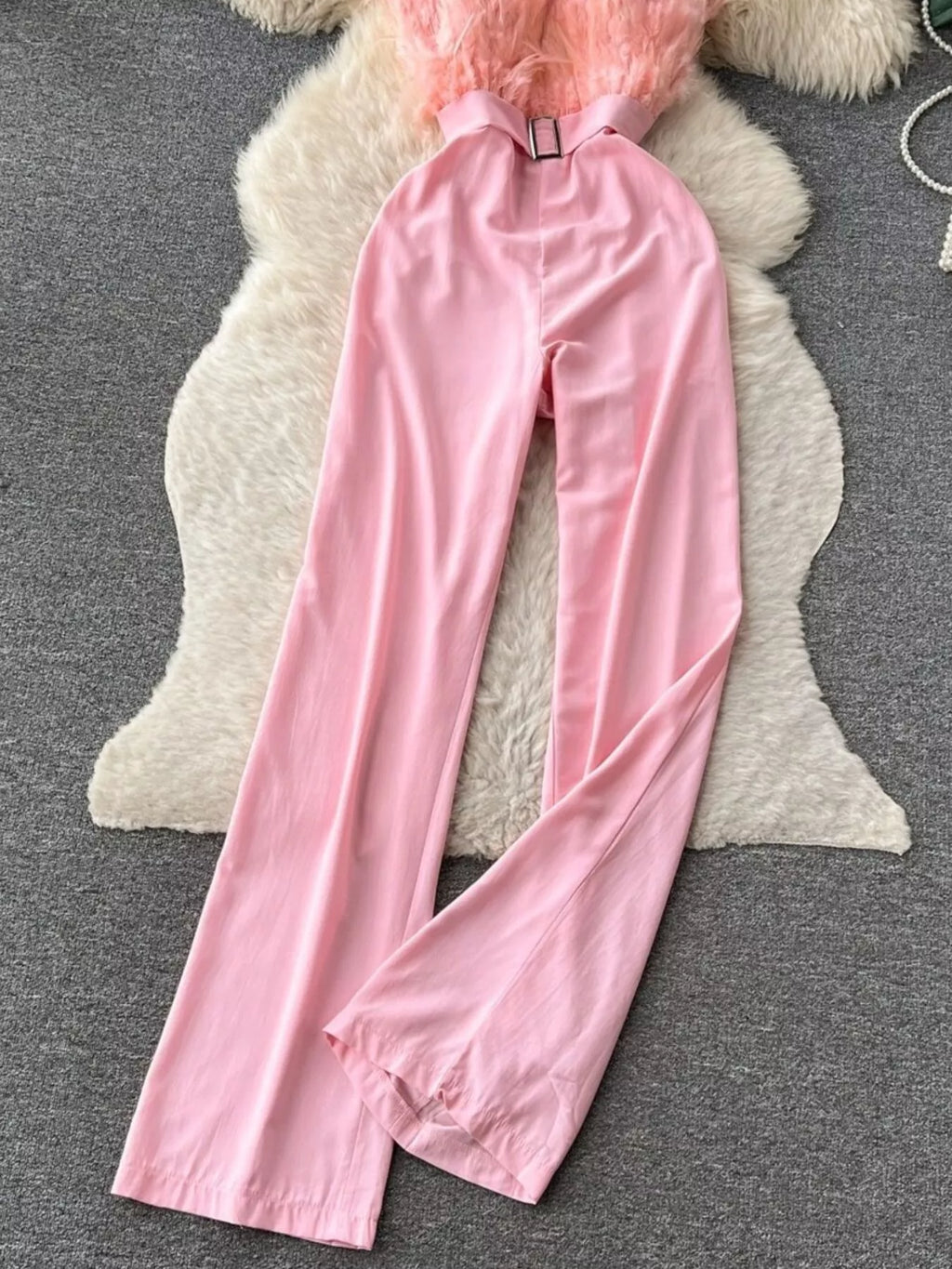 Feather Trim Strapless Wide Leg Jumpsuit