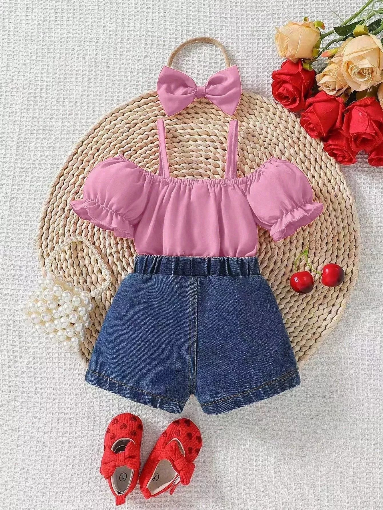Children's Ruffle Top and Bowknot Denim Shorts Set with Headband