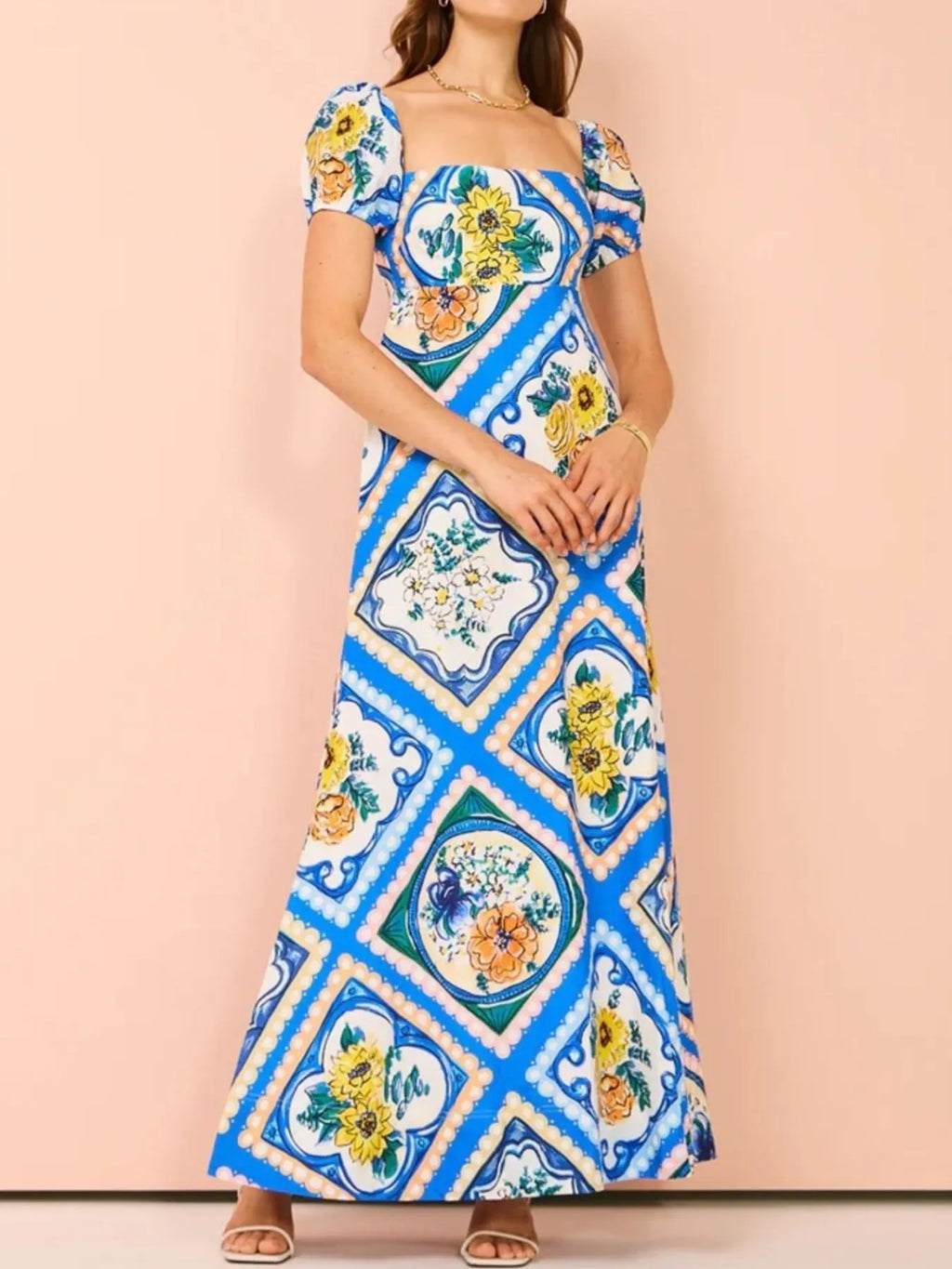 Printed Square Neck Puff Sleeve Maxi Dress
