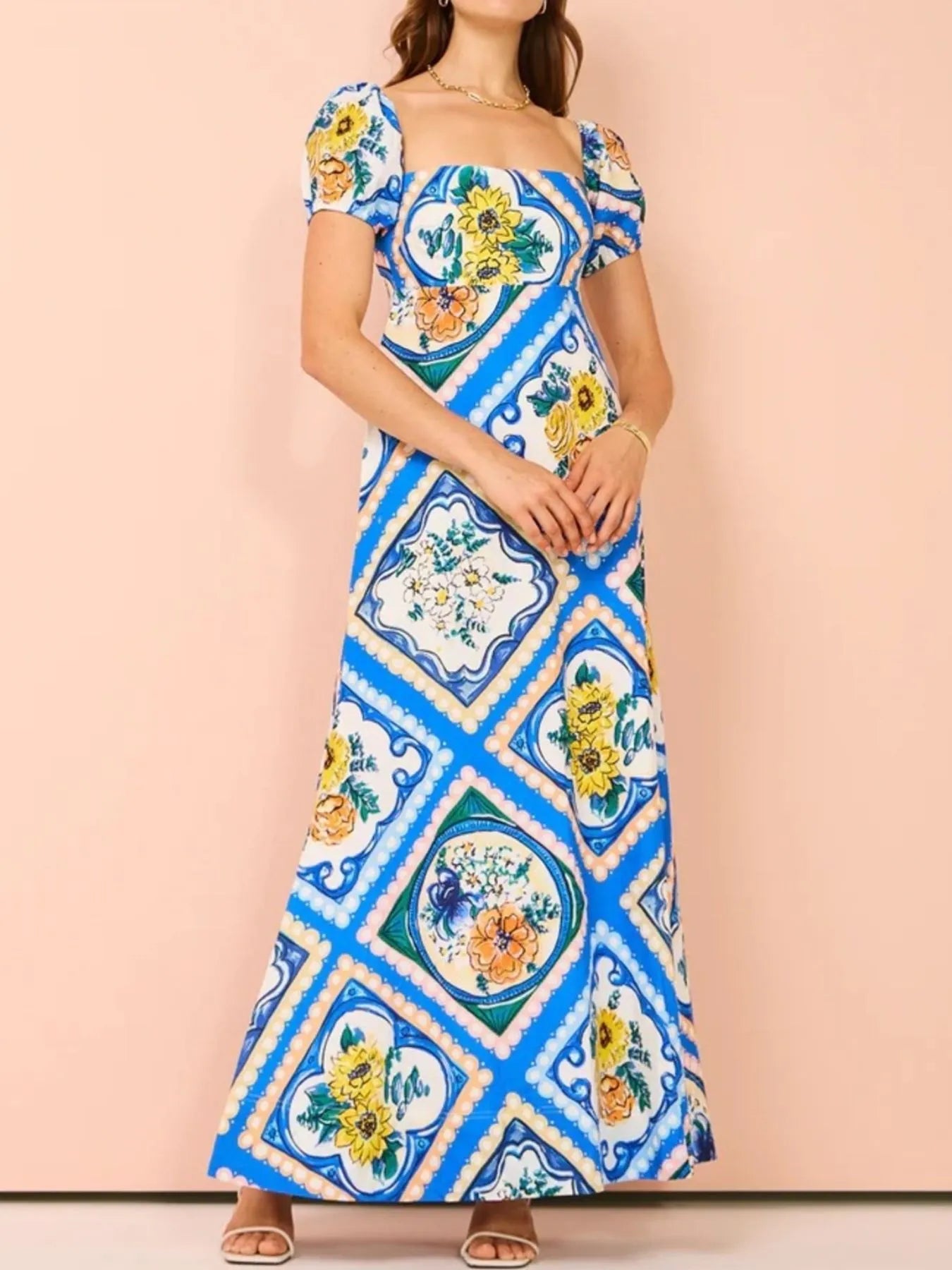 Printed Square Neck Puff Sleeve Maxi Dress