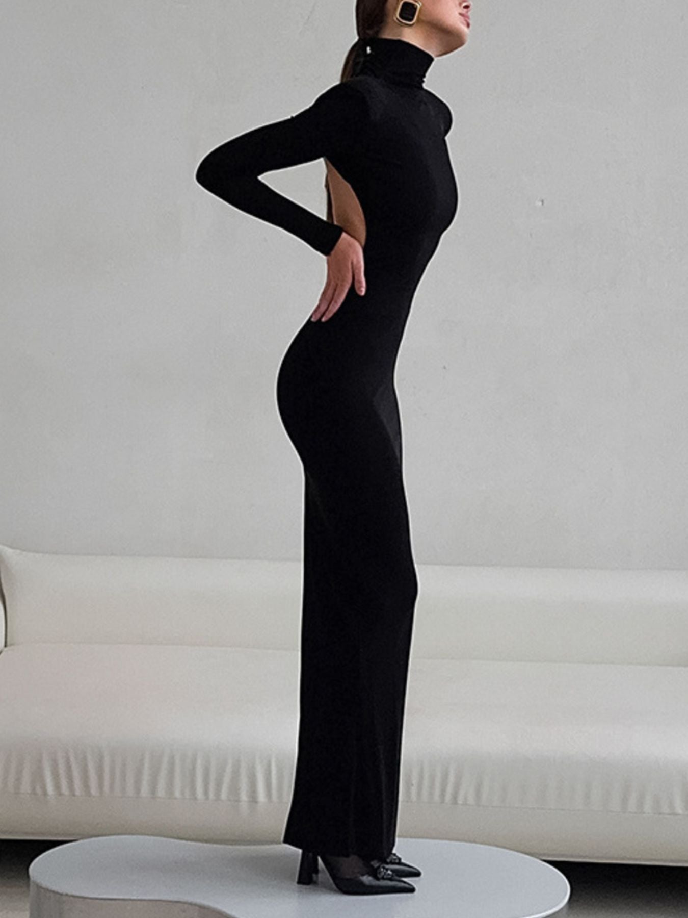 Backless Turtleneck Long Sleeve Bodycon Maxi Dress