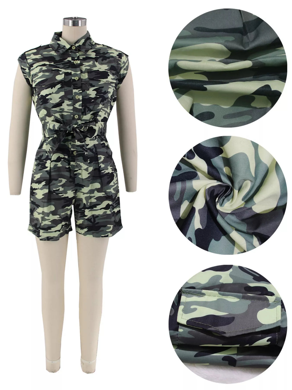 Camouflage Button Front Tie Waist Romper