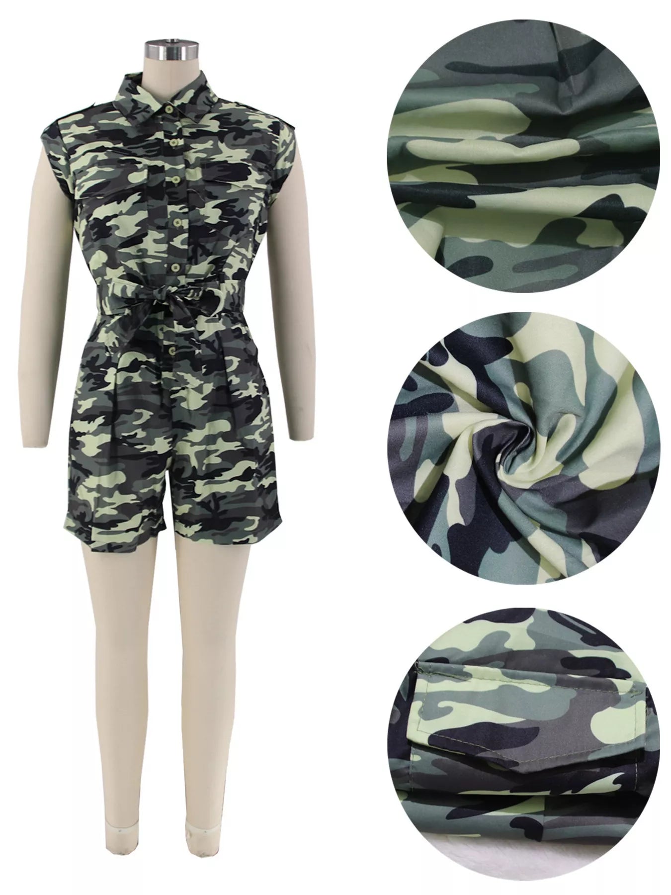Camouflage Button Front Tie Waist Romper