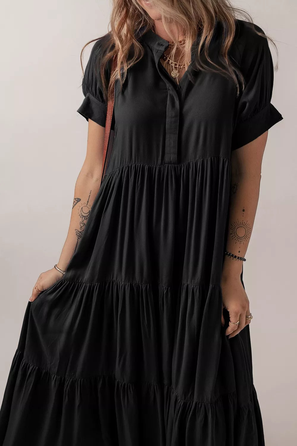 Hidden Buttons Short Sleeve Ruffle Tiered Long Flared Dress