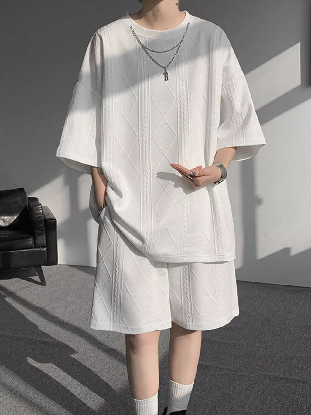 Men's Plus Size Textured Relaxed Fit Top and Shorts Set