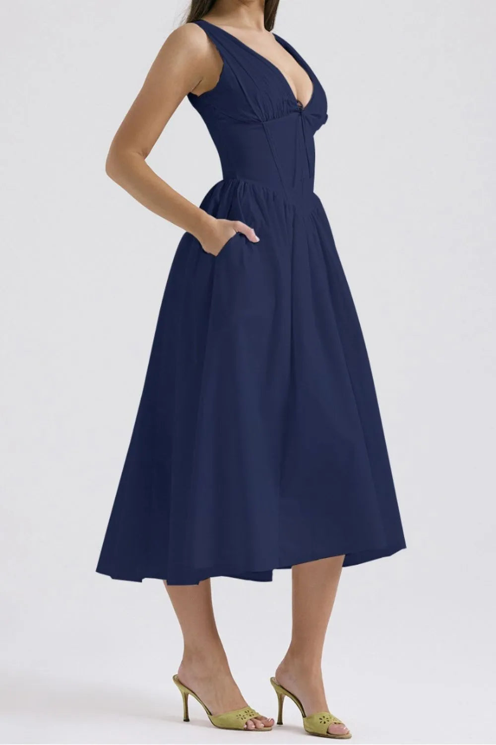 Ruched V-Neck Sleeveless Dress with Pockets