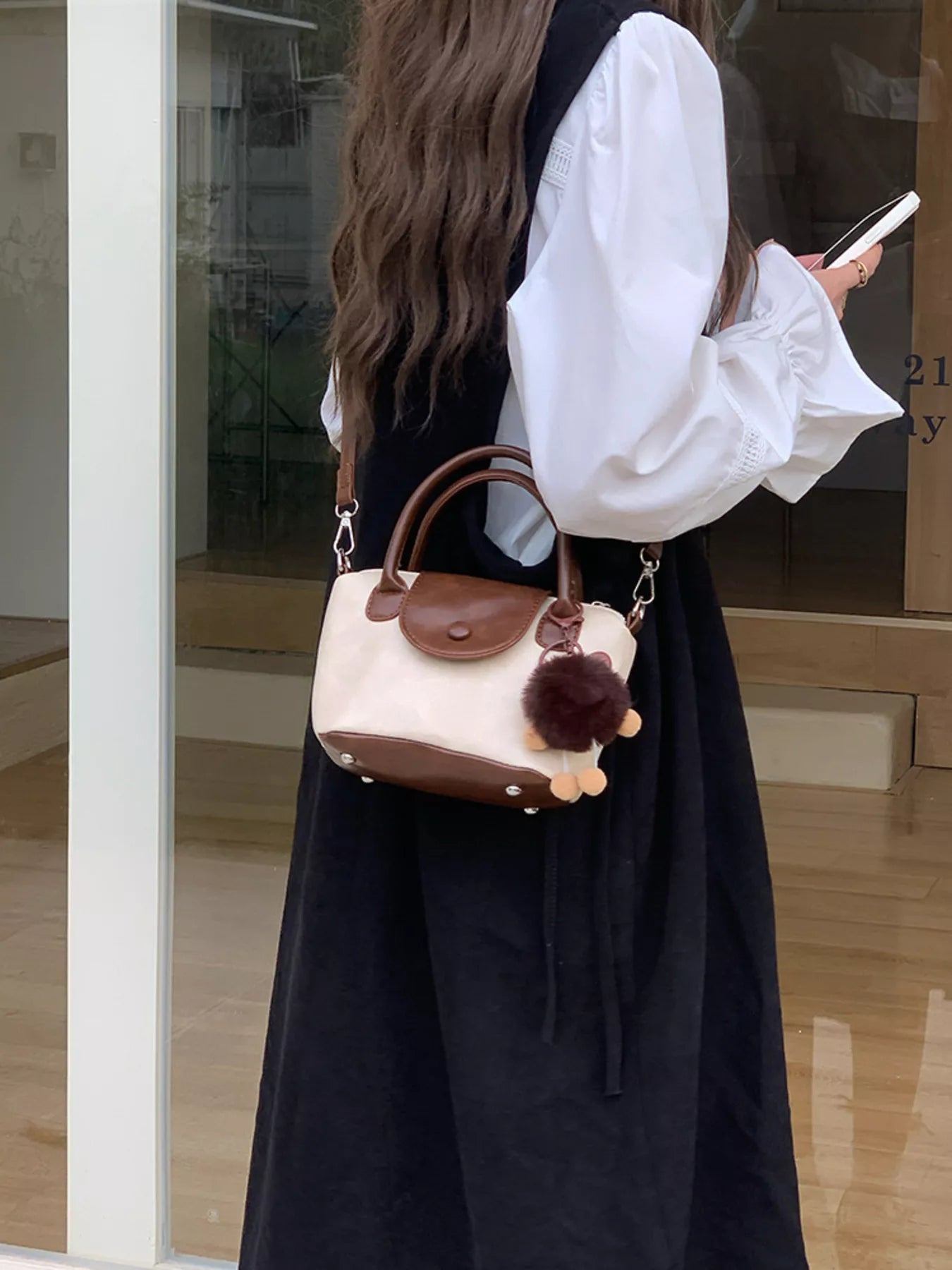Two-Tone Flap Decor Crossbody Bag with Charm