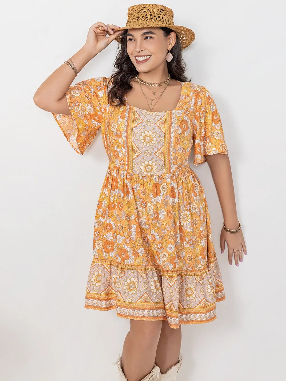 Plus Size Printed Square Neck Short Sleeve Dress