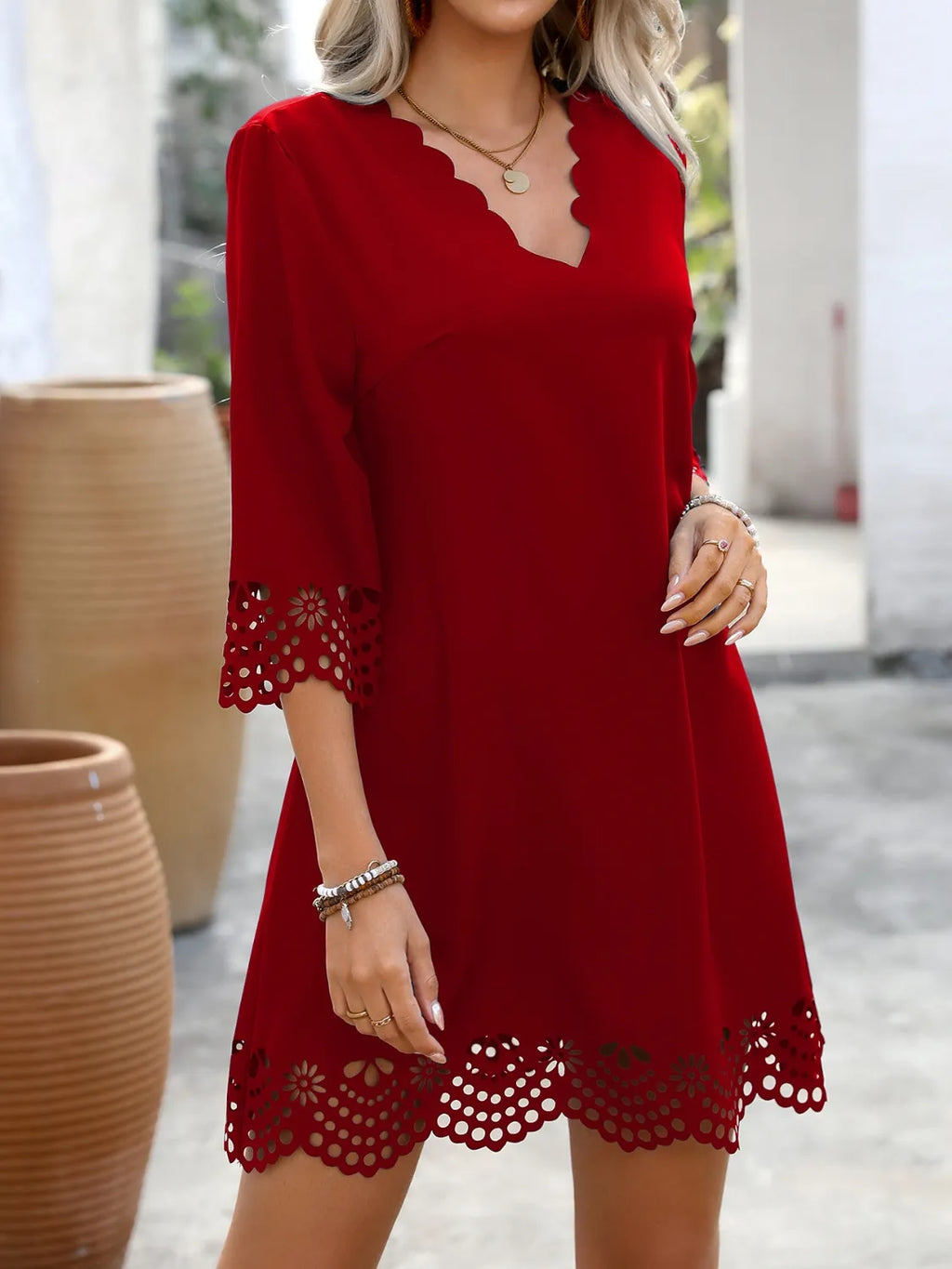 Cutout V-Neck Three-Quarter Sleeve Mini Dress