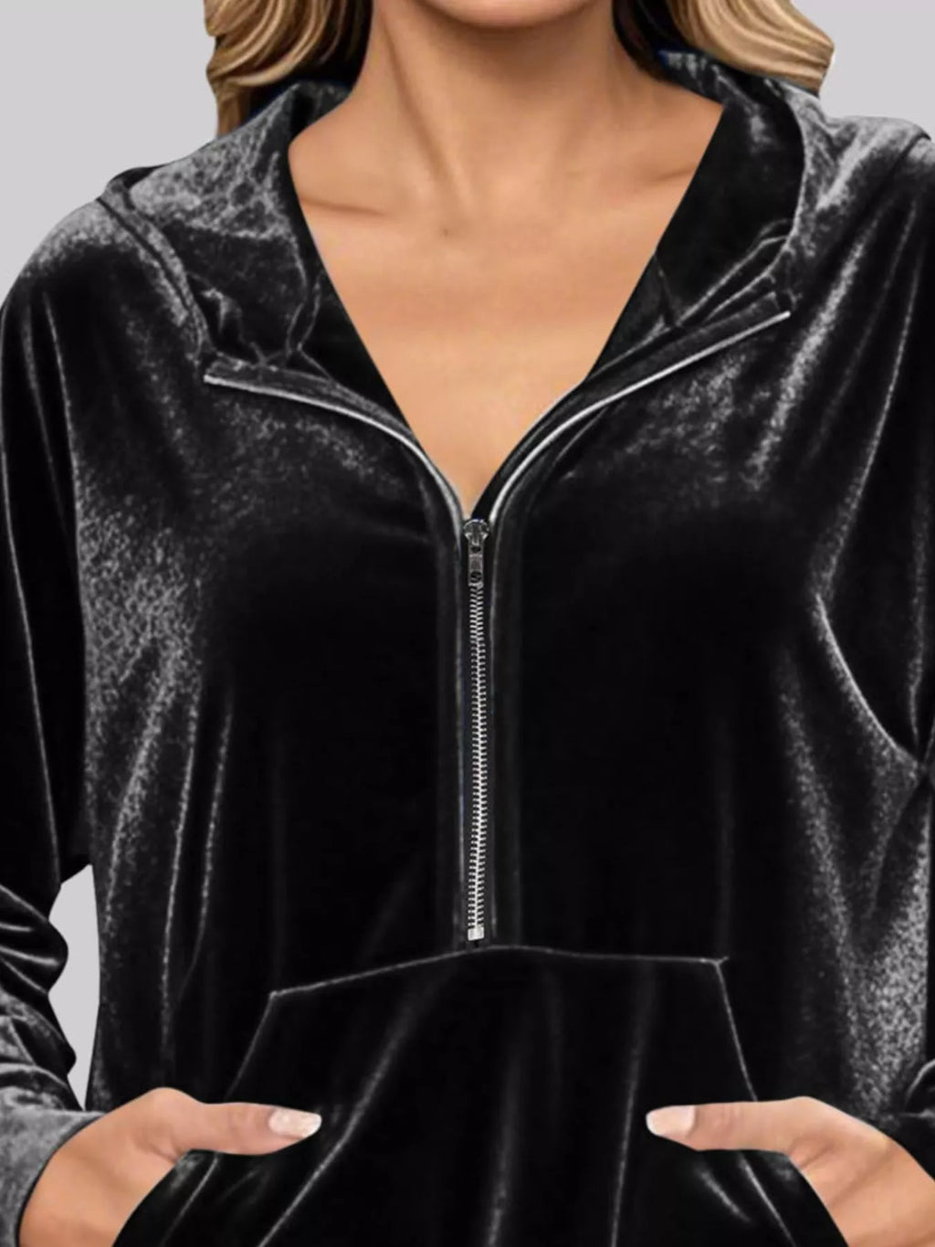 Full Size Velvet Half Zip Hoodie with Kangaroo Pocket Plus Size