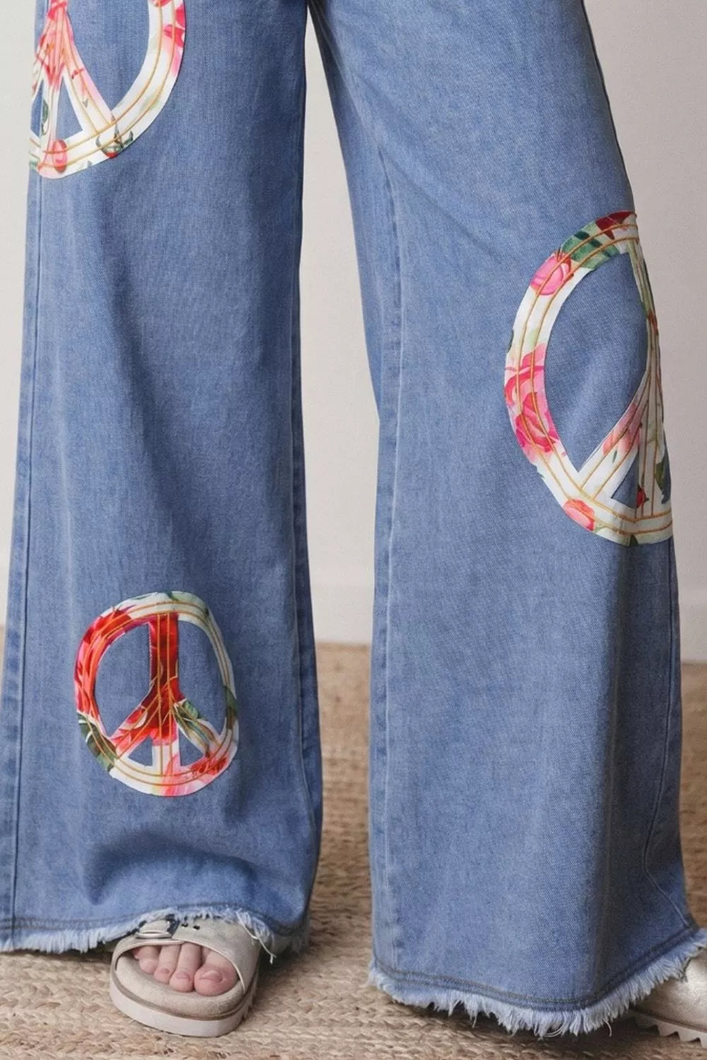 Floral Peace Sign Wide Leg Jeans