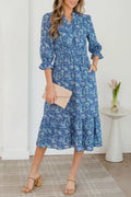 Floral Printed Frilled V Neck Bracelet Sleeve Long Dress