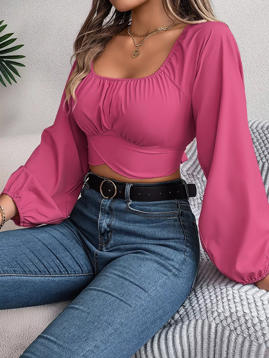 Scoop Neck Balloon Sleeve Cropped Blouse