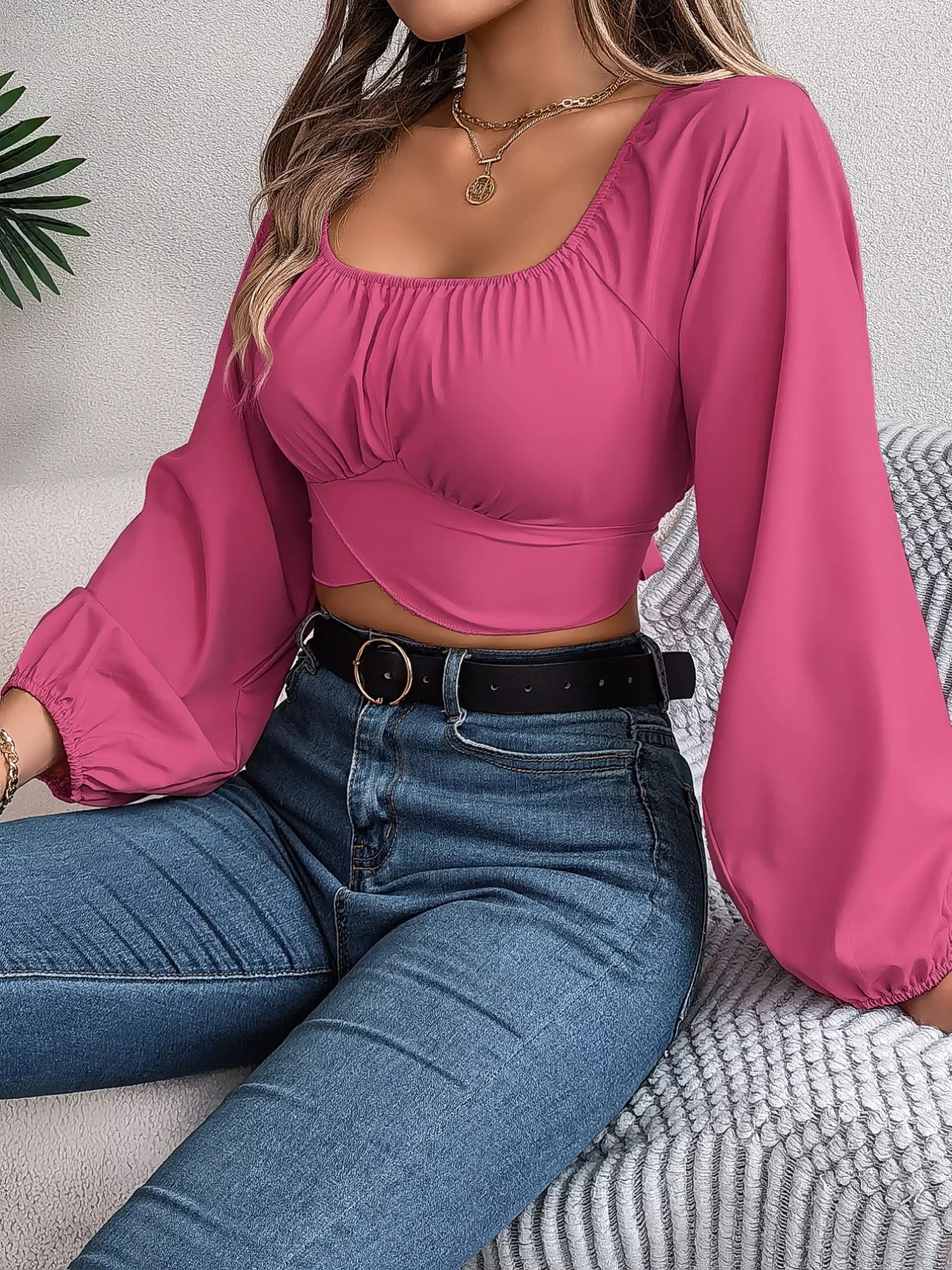 Scoop Neck Balloon Sleeve Cropped Blouse