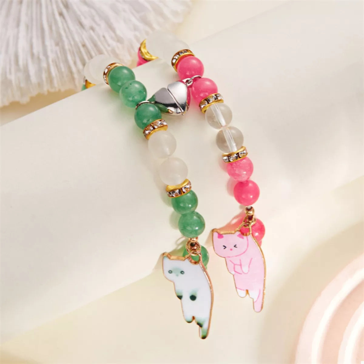 2 Piece Beaded Cat Charm Bracelet