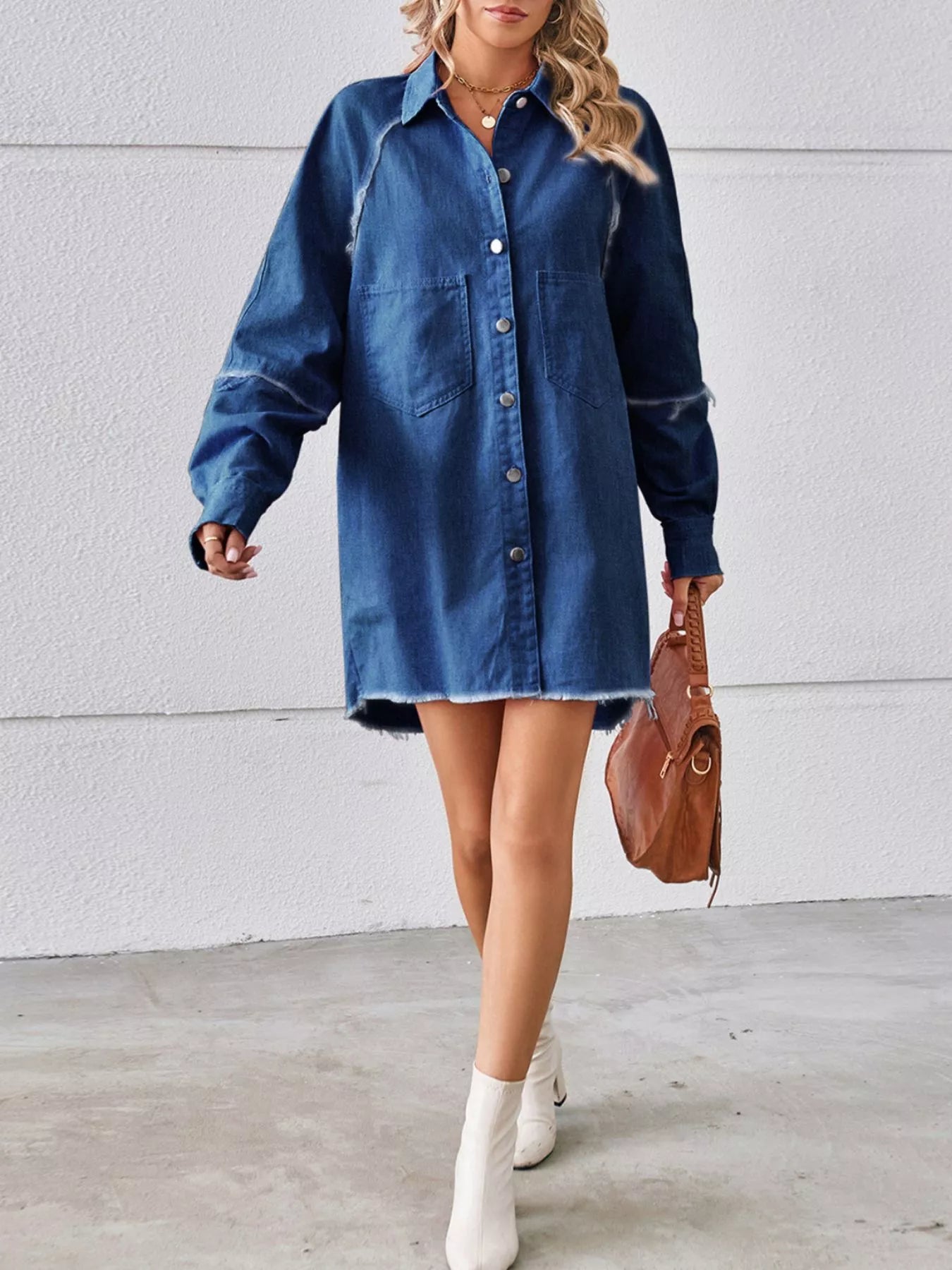 Button-Down Raw Hem Denim Dress