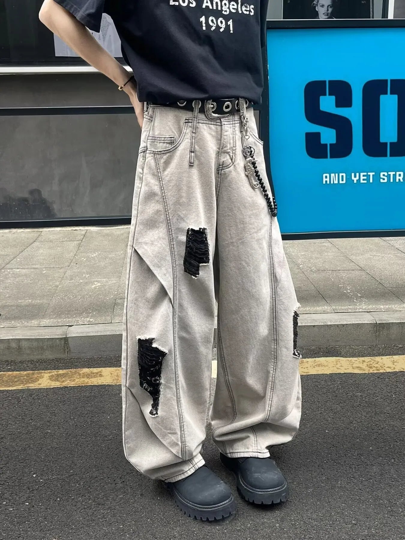 Men's Full Size Distressed Wide Leg Jeans Plus Size