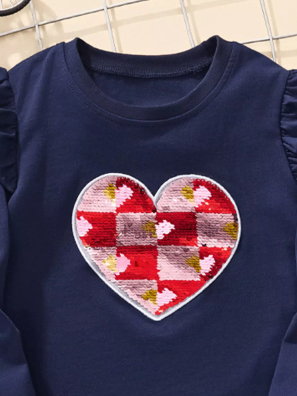 Children's Long Sleeve Heart Patch Ruffle Trim T-Shirt