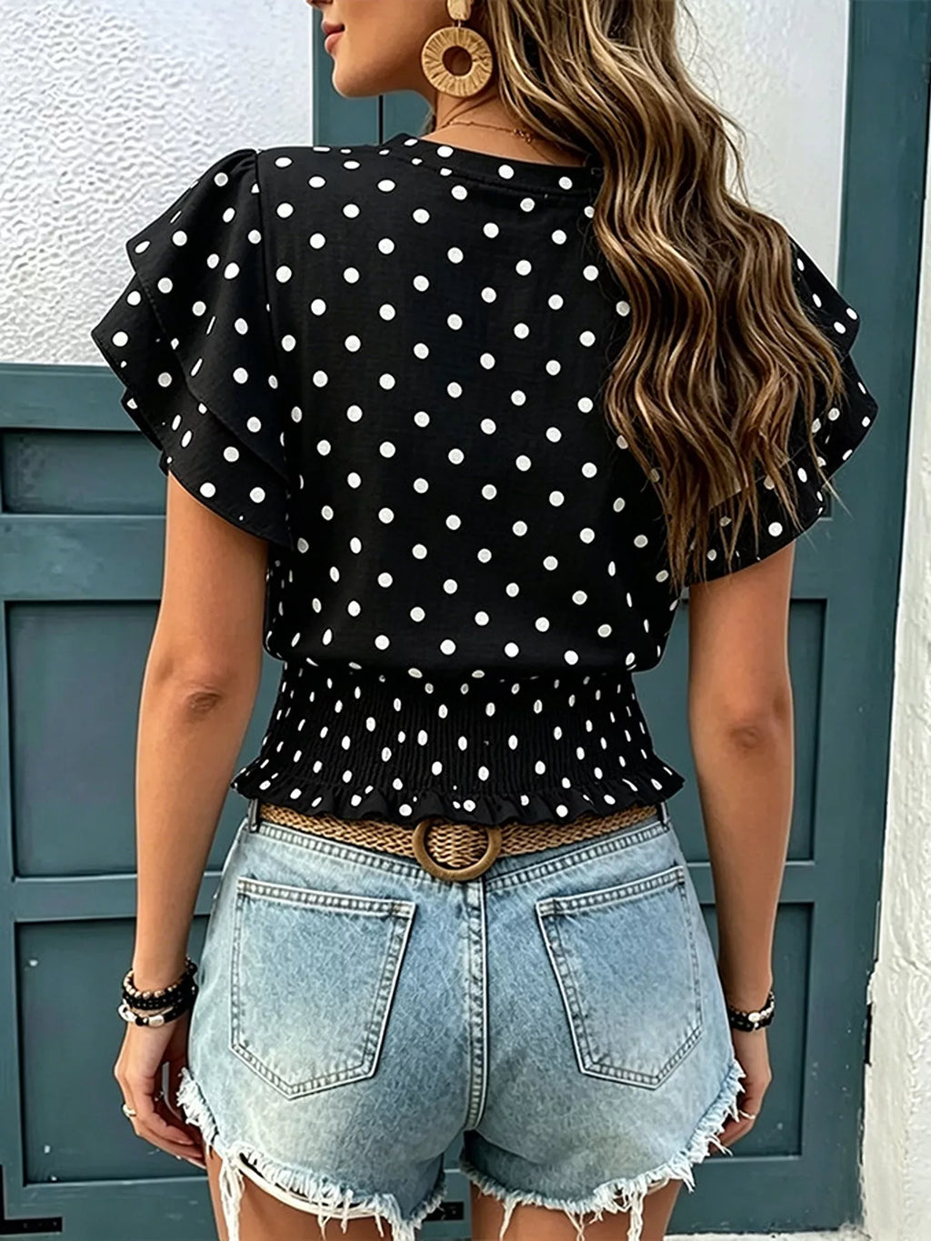 Polka Dot Ruffle Sleeve Blouse
