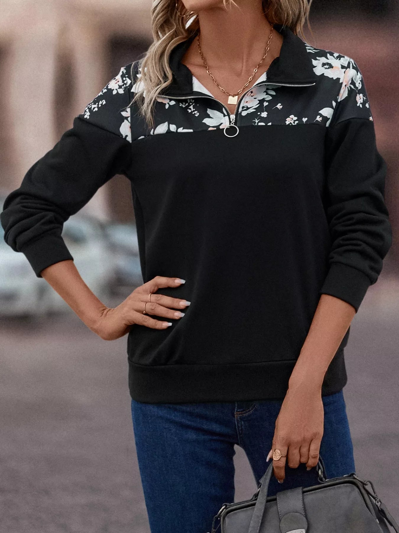 Floral Print Quarter Zip Sweatshirt