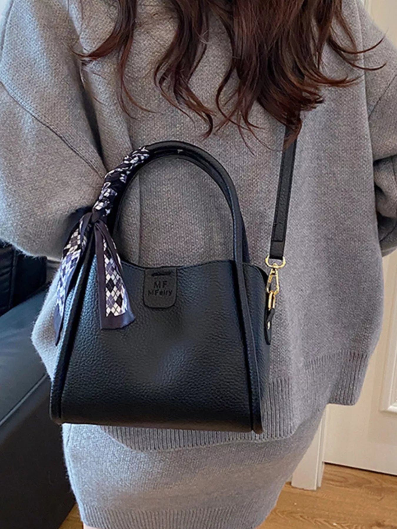 Leather Crossbody Bag with Scarf Accent