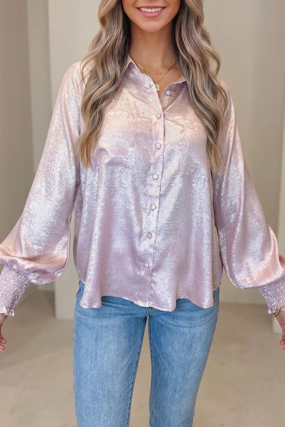 Long Sleeve Button Front Ruffle Cuffs Back Paneling Shirt