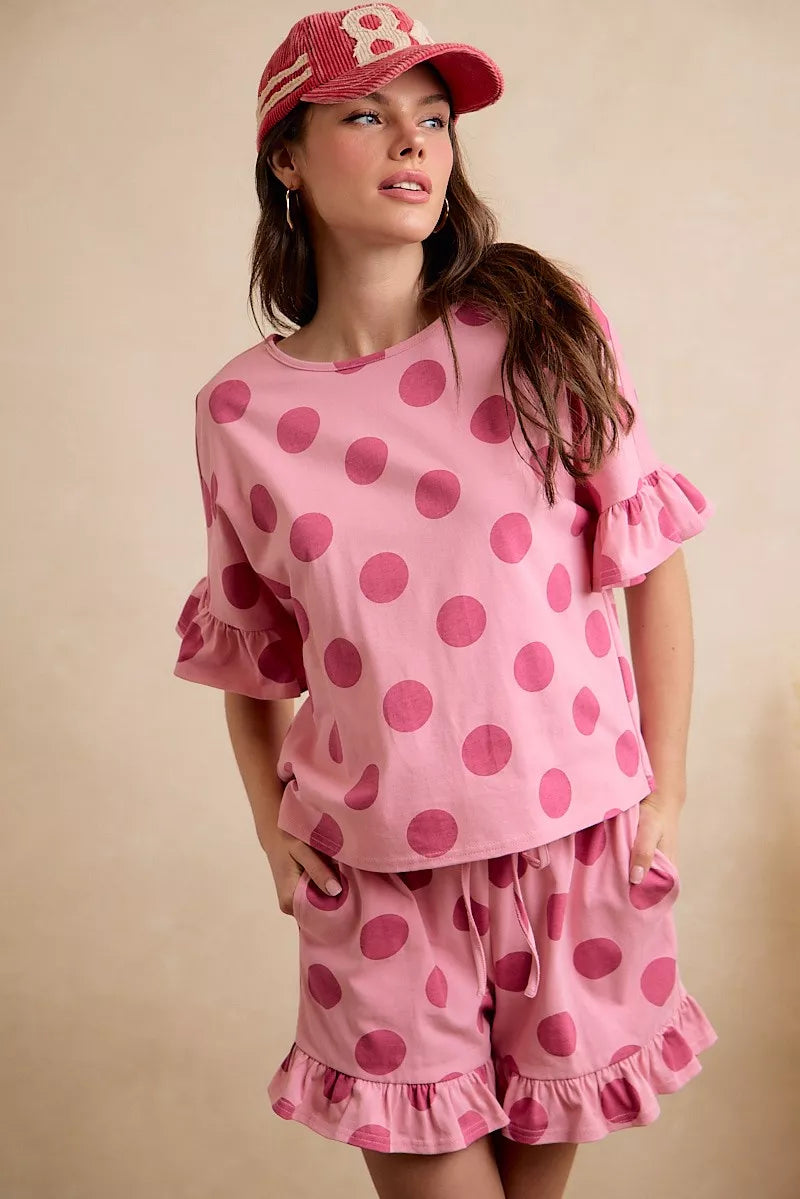 BiBi Polka Dots Printed Ruffled Detail Top And Shorts Set