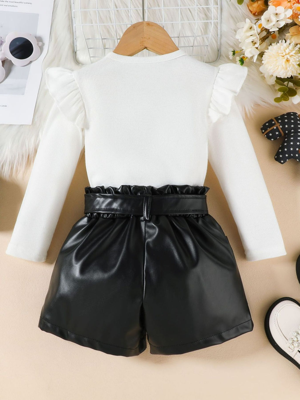Children's Ruffled Pearl Embellished Top & Faux Leather Shorts Set with Belt