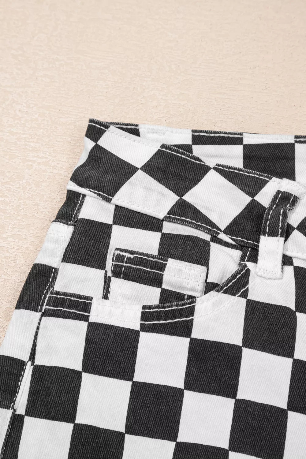 Checkerboard Print Distressed Holes Raw Edge Cropped Jeans