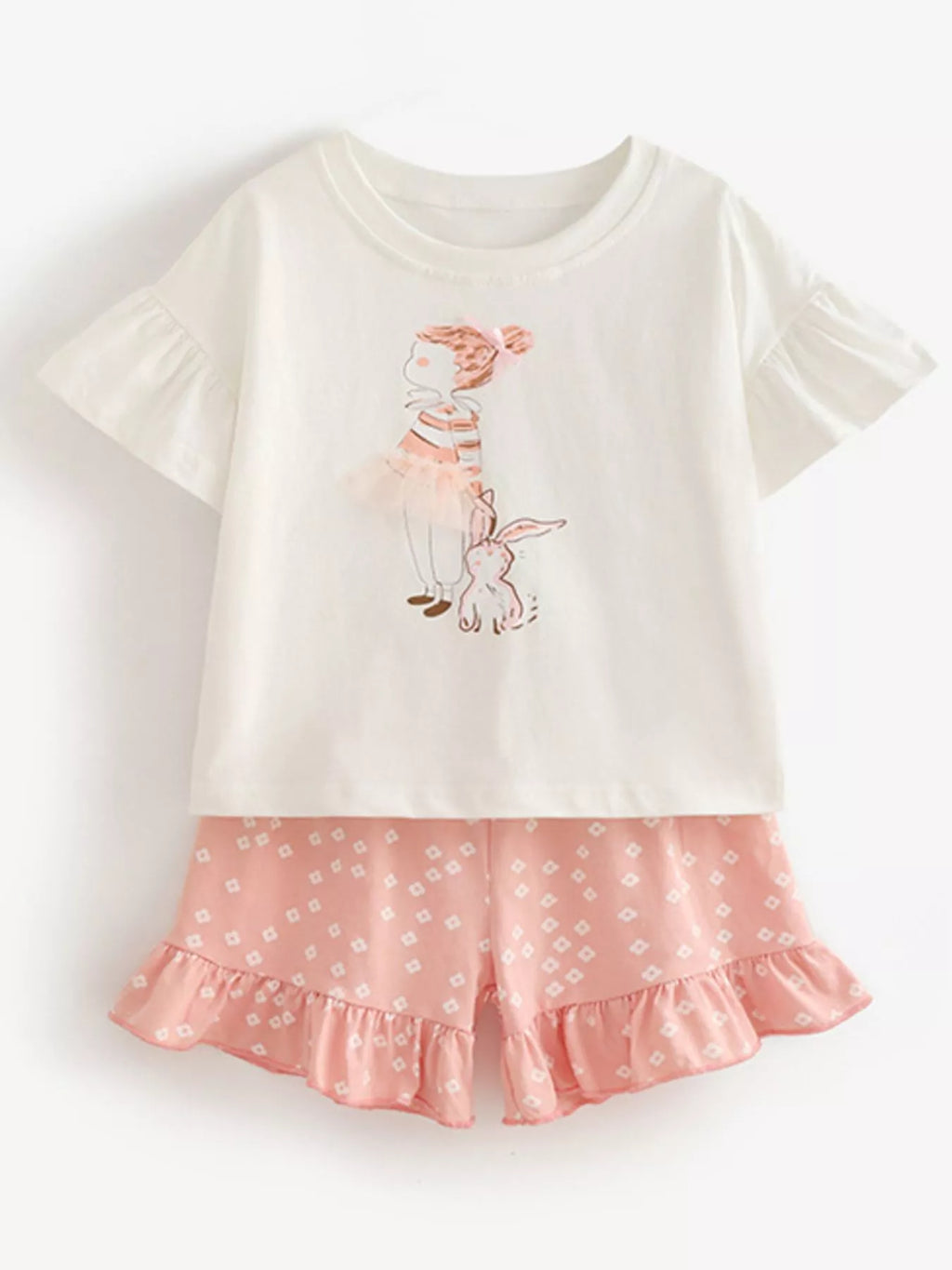 Children's Ruffled Sleeve Graphic Tee & Floral Ruffle Shorts Set
