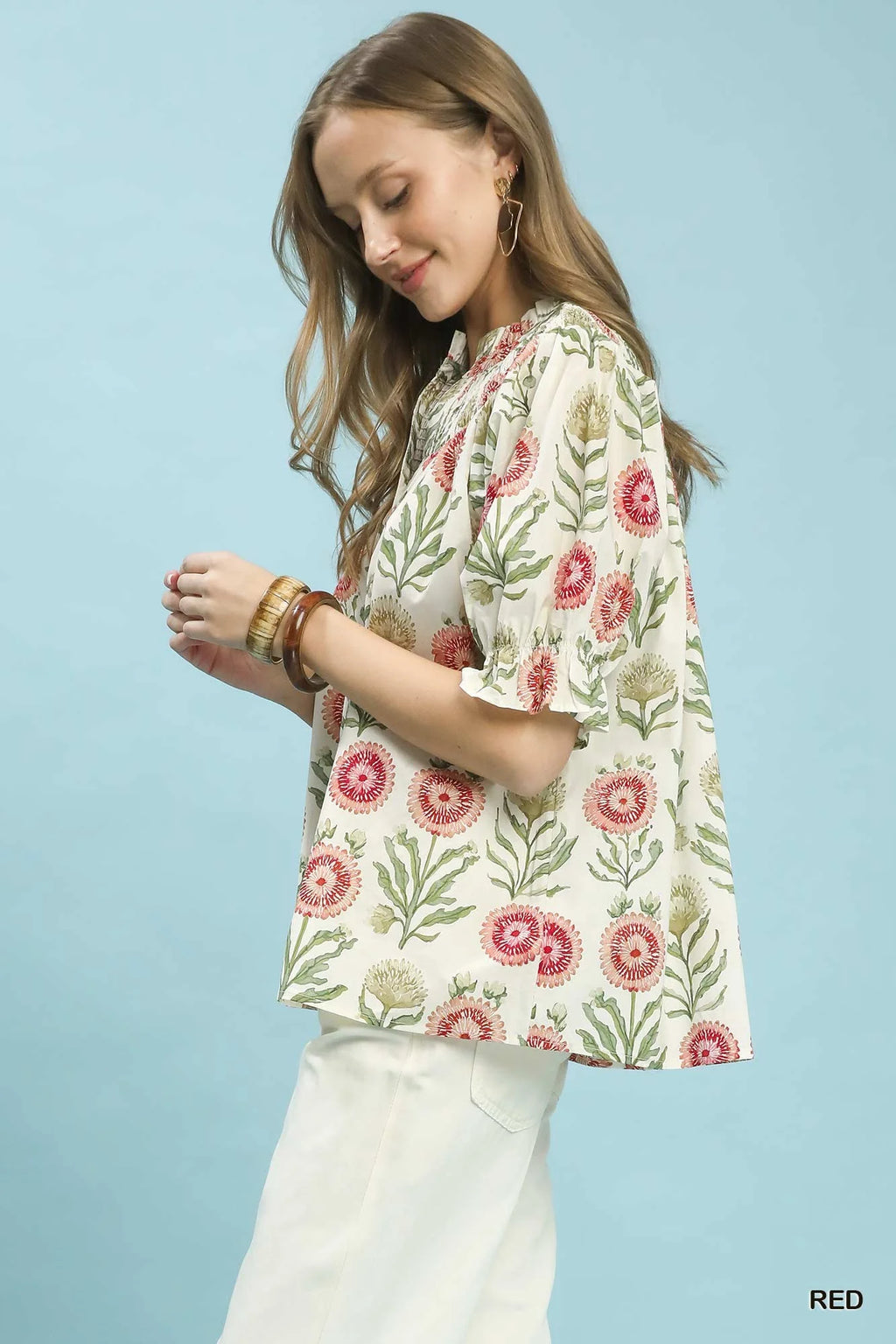 Umgee Floral Button-Front Short Sleeve Top