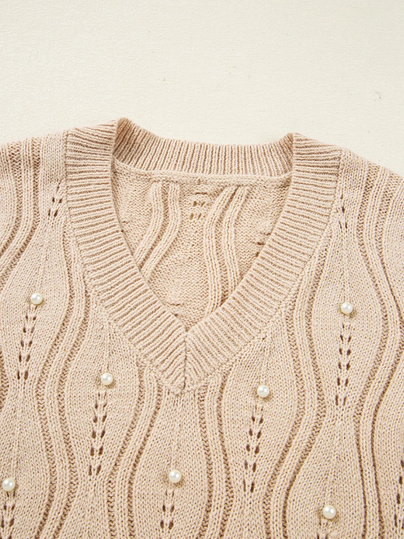 Pearl Beaded Pointelle Knit V Neck Lace Patchwork Sleeve Sweater