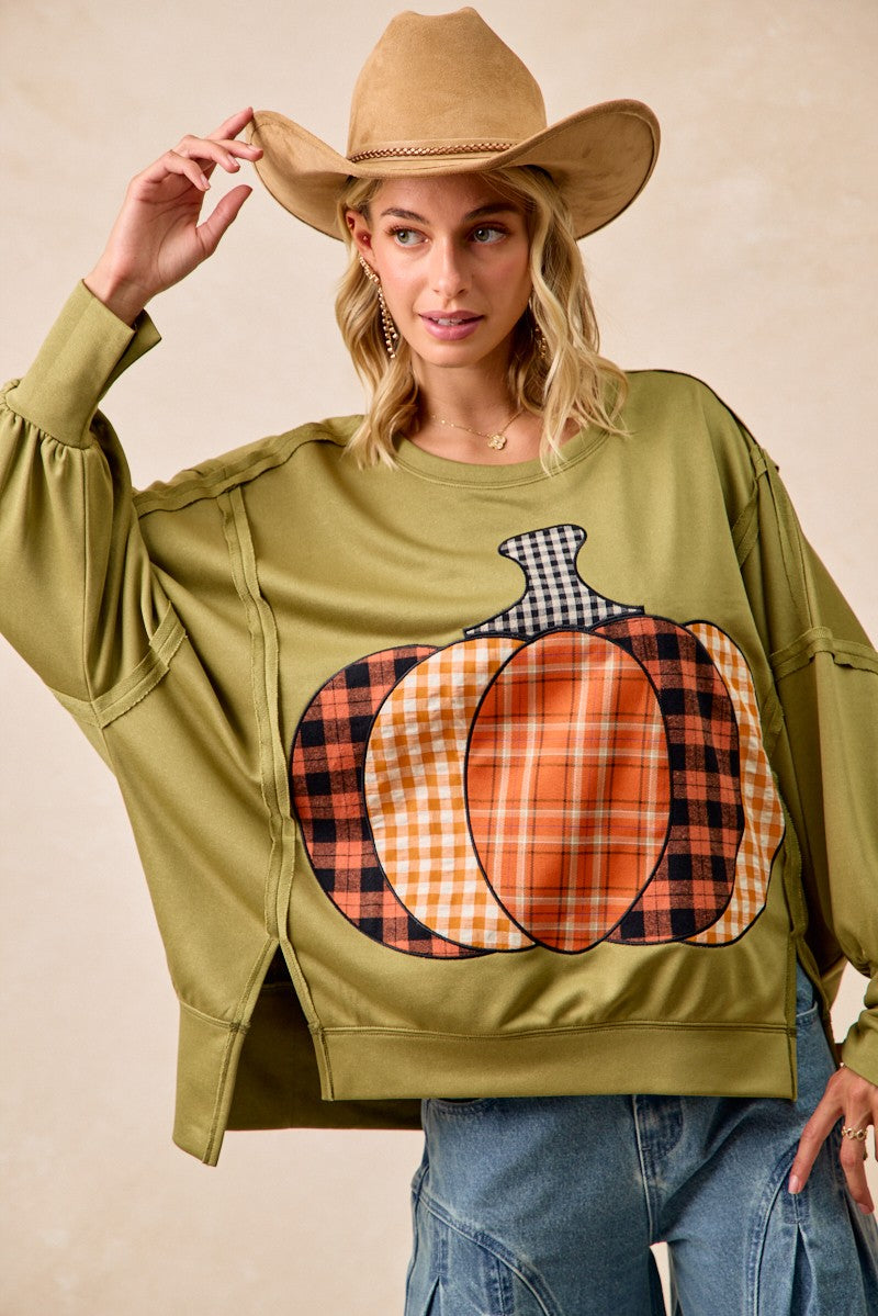 BiBi Plaid Mix Pumpkin Patchwork Cut Edge Detail Oversized French Terry Sweatshirt