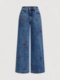 Embroidered Heart Wide-Leg Jeans