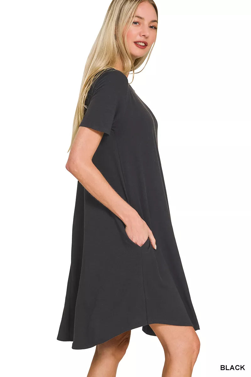 Zenana Short Sleeve Round Hem A-Line Dress with Side Pockets