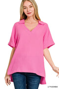 Zenana Double Gauze Short Sleeve High-Low Top