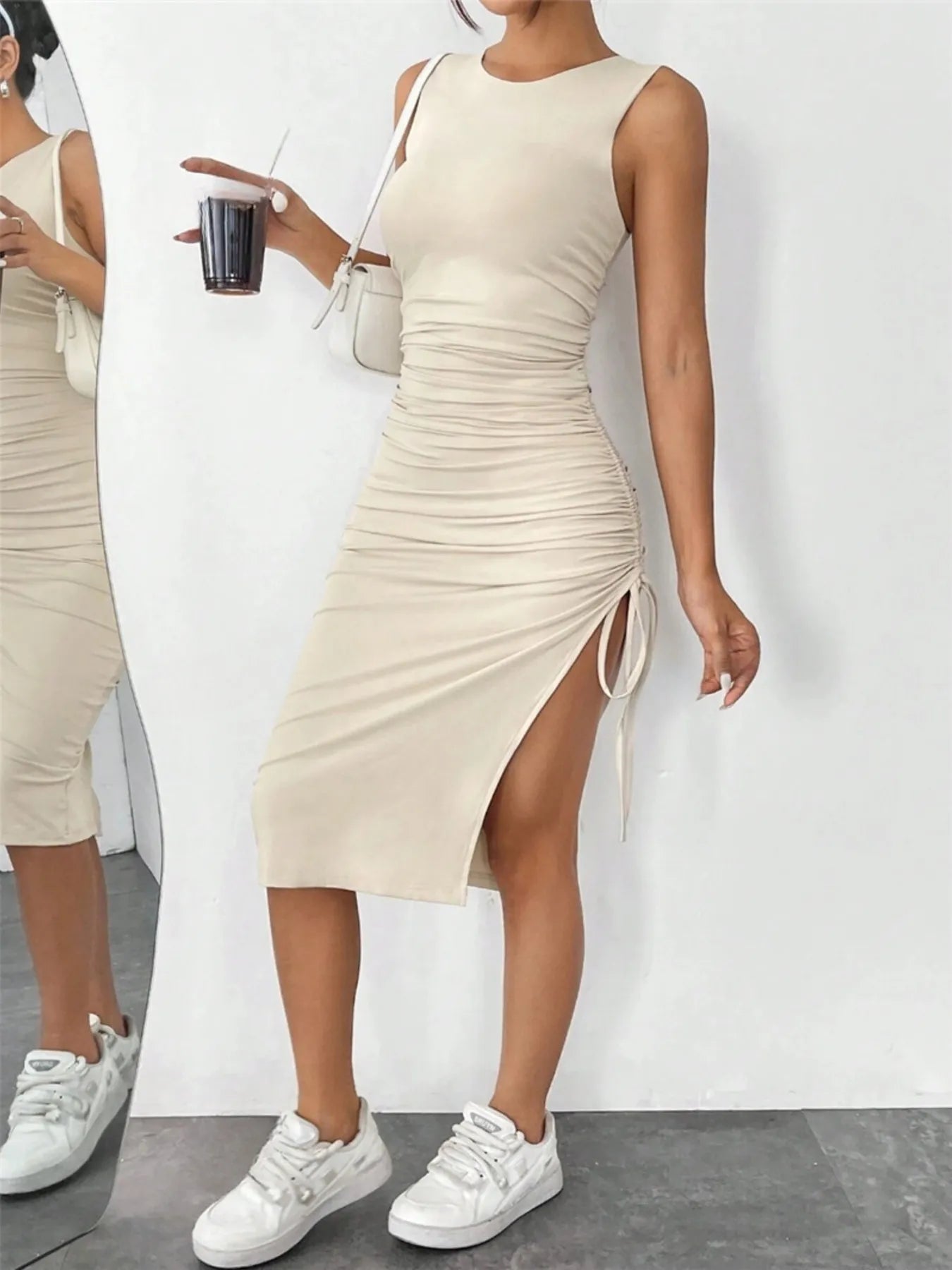 Sleeveless Ruched Bodycon Midi Dress with Side Drawstring