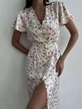 Floral Print V-Neck Flutter Sleeves Midi Dress