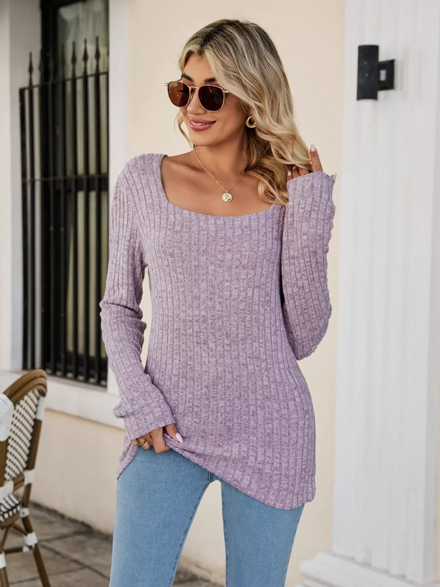 Ribbed Square Neck Long Sleeve T-Shirt