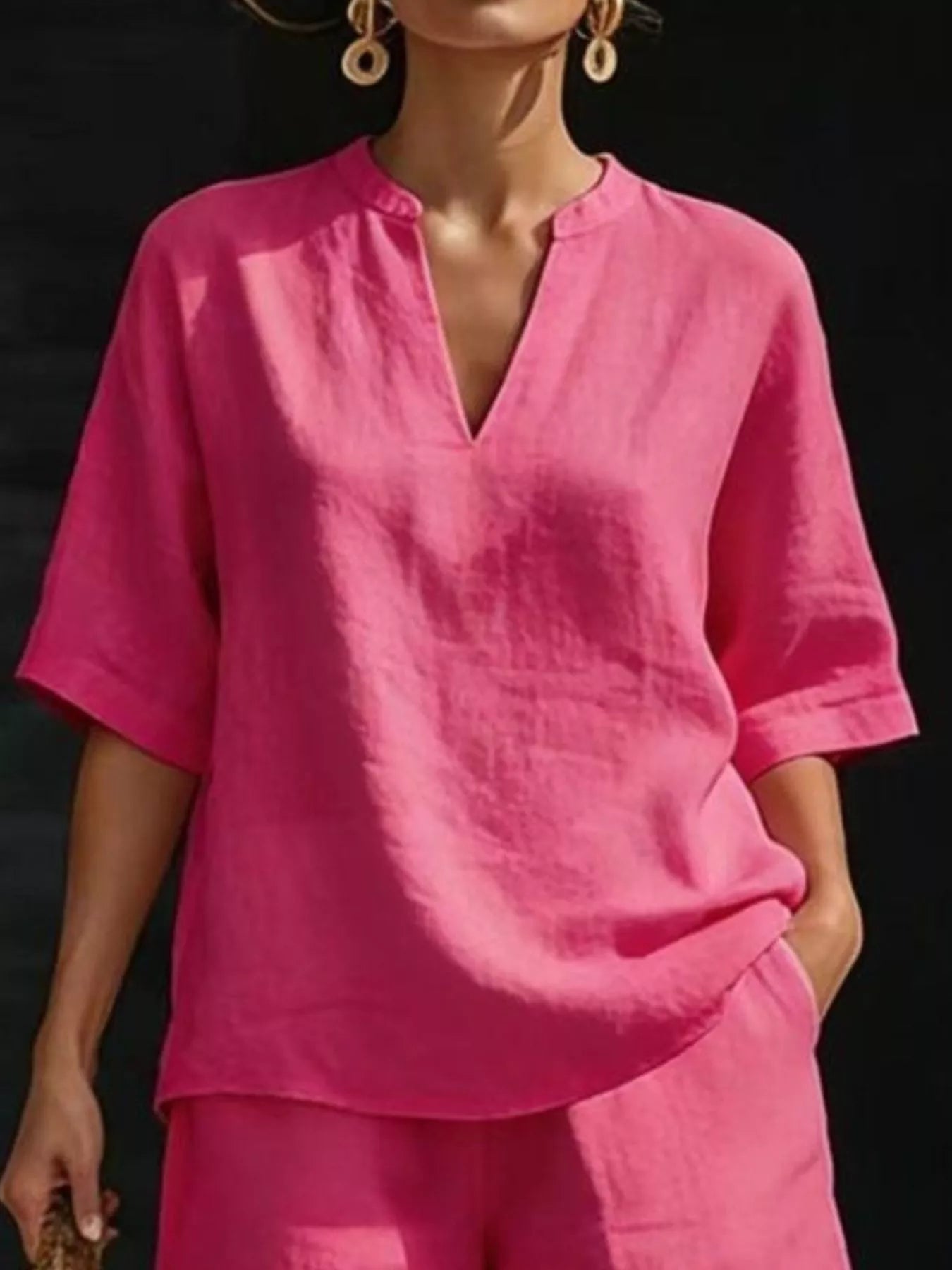 Full Size Notched Half Sleeve Top and Shorts Set Plus Size