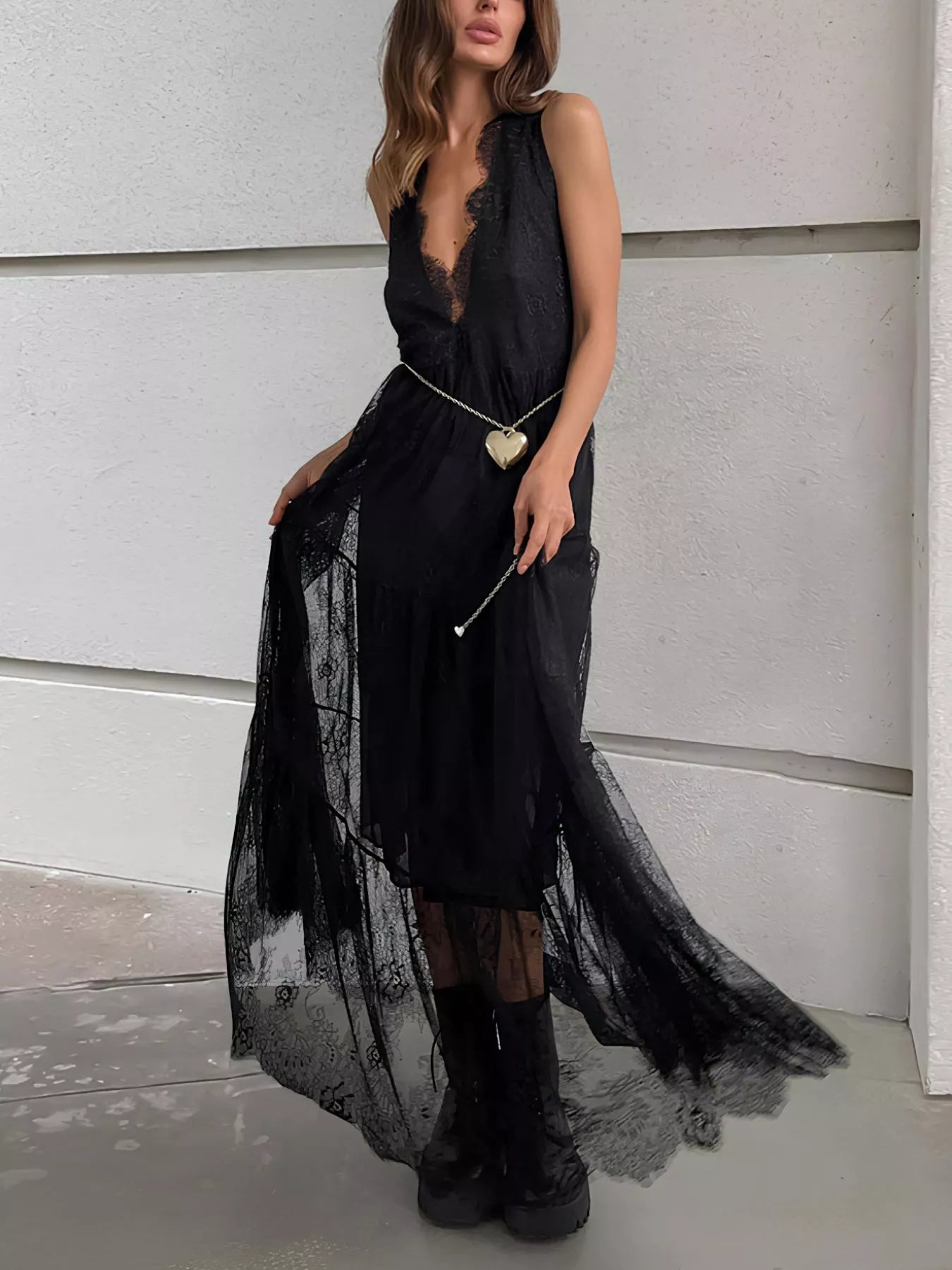 Lace Deep V-Neck Maxi Dress