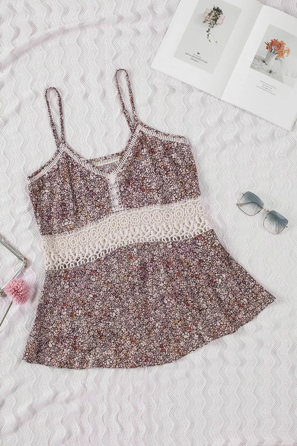 Floral Print Crochet Trim Cami with Spaghetti Straps