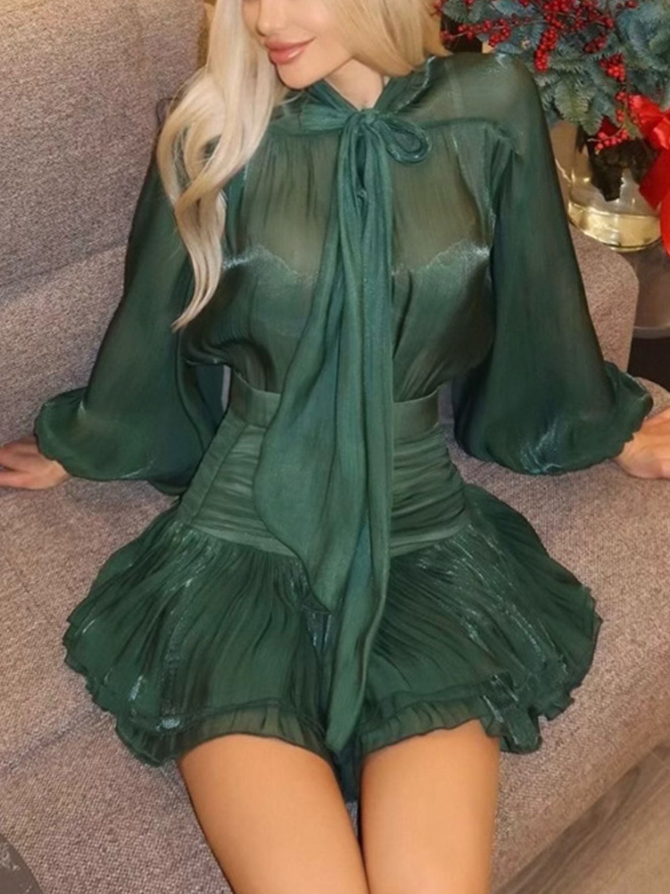 Bow-Tie Blouse and Ruched Mini Skirt Set