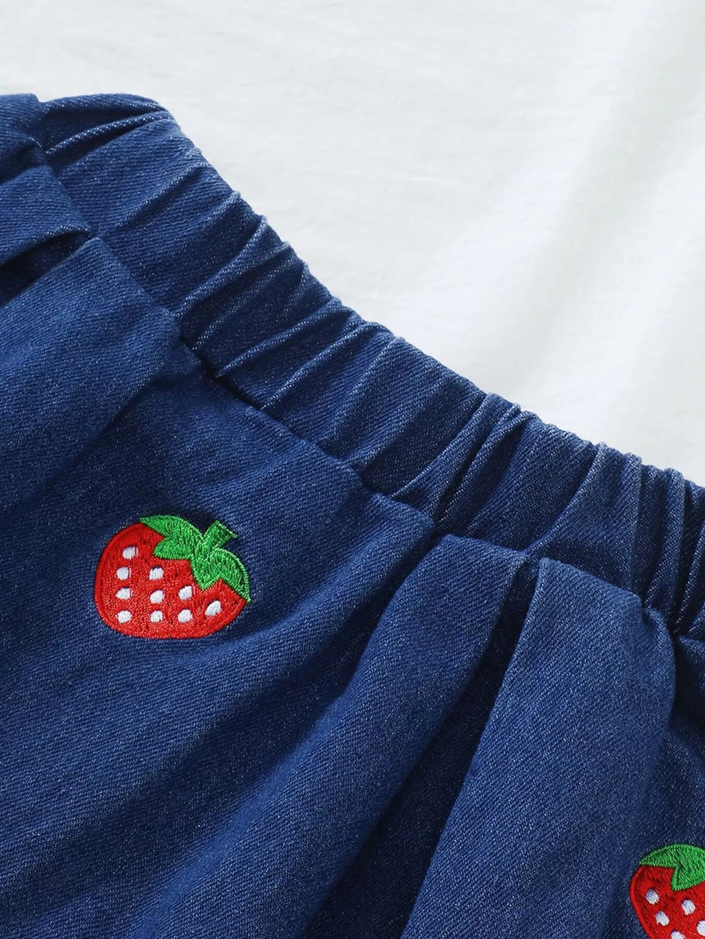 Children's Strawberry Embroidered Polo & Denim Skirt Set