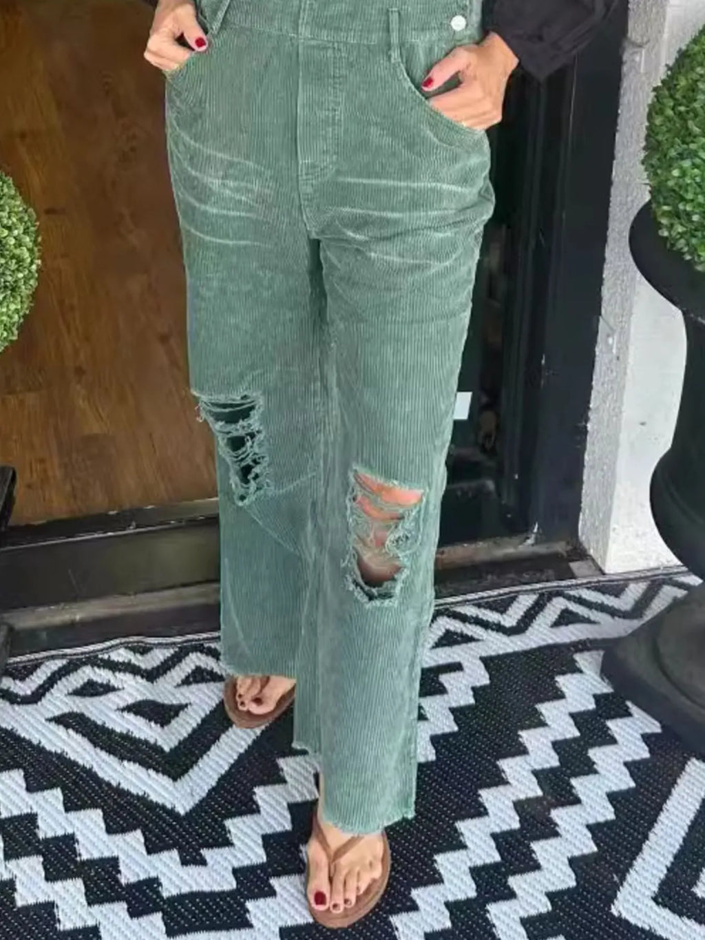 Distressed Wide Leg Corduroy Overalls