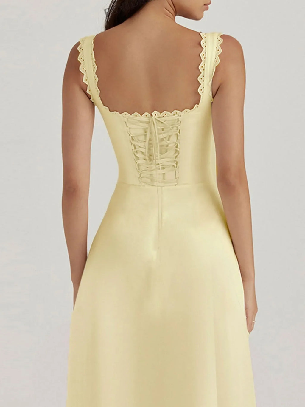 Scalloped V-Neck Midi Dress with Back Lace-Up