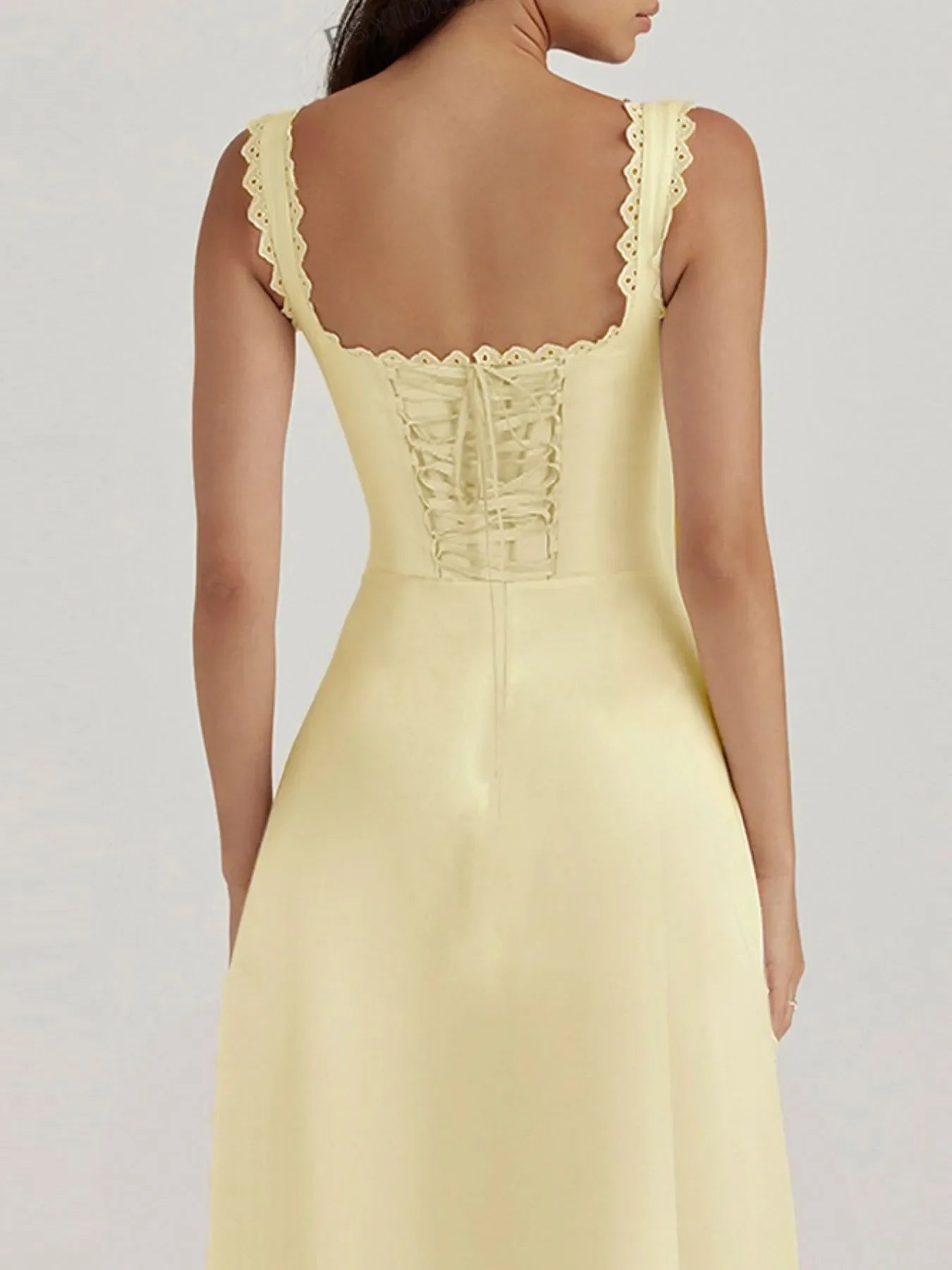Scalloped V-Neck Midi Dress with Back Lace-Up