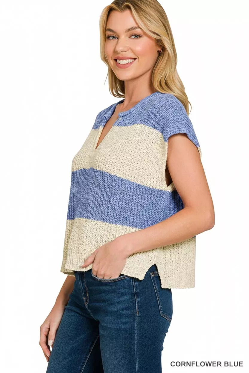 Zenana Split Neck Sleeveless Stripe Sweater